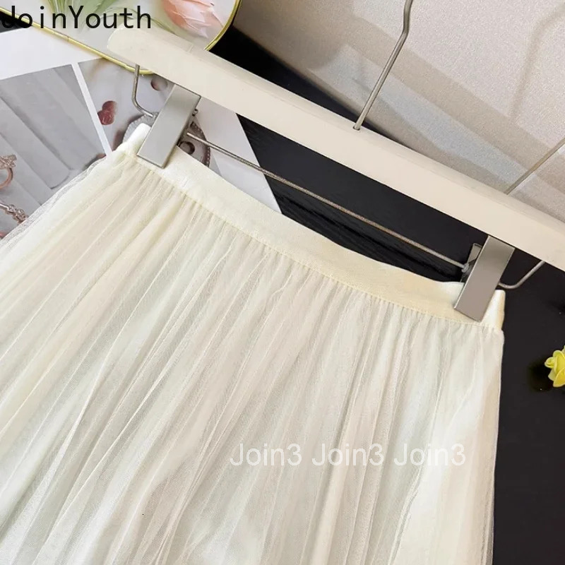 2025 Faldas Mujer De Moda Sweet Skirts Womens Clothing High Waist A-line Jupe Fashion Korean Saia Gauze Ruffles Pleated Skirt