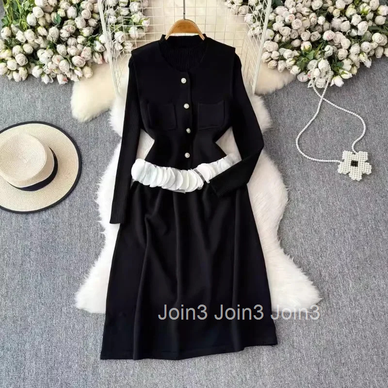 Women Clothing Knitted Outfits Two Piece Sets Long Sleeve Tunic Dresses Ruffles Single Breasted Vest Suit Vintage Korean Set