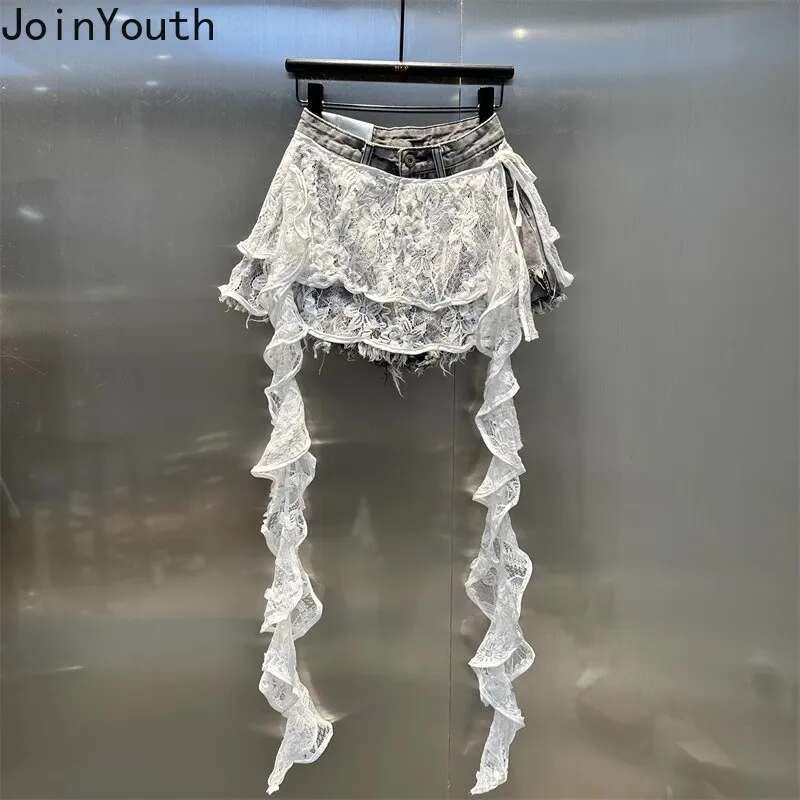 Y2k Shorts Women 2025 New Bottoms Patchwork Lace Summer Wide Leg Shorts Fashion Korean Denim Pants Pantalones Cortos De Mujer