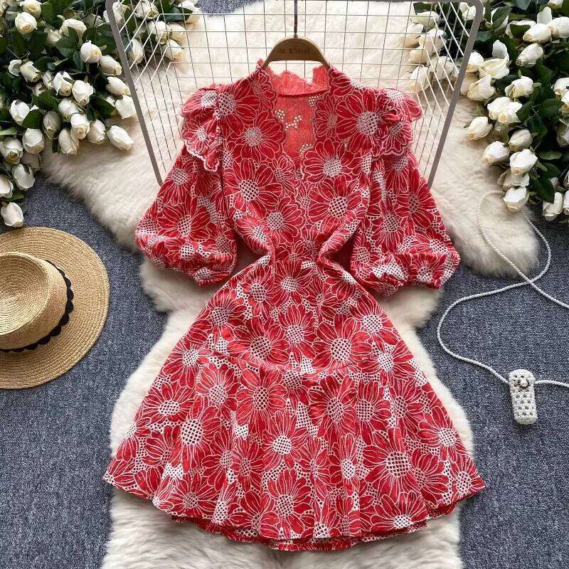 Retro V Neck Lantern Short Sleeves Embroidered Elegant Summer Slim Dresses A-Line French Vacation Print Women Clothing