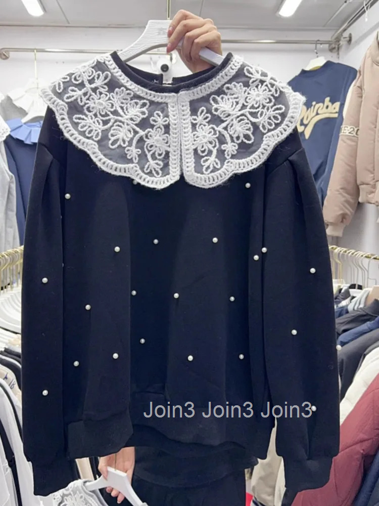 2025 Women Clothing Patchwork Lace Peter Pan Collar Sweatshirts Ropa Mujer Beading Fashion Sweet Hoodies Loose Y2k Tops 63a854