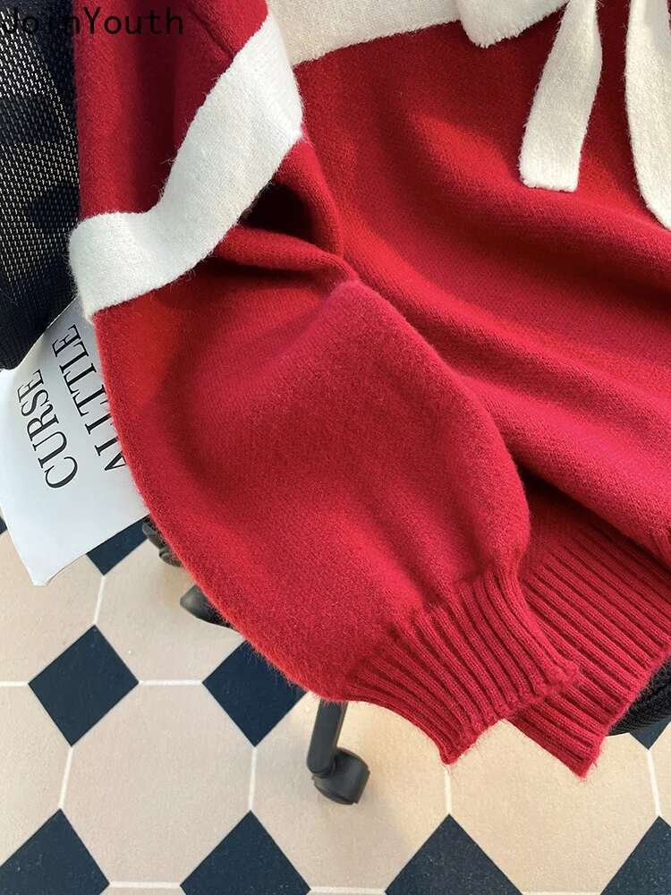 Sweet Sweater Tops Women Clothing Bandage Bow Red Jumper Sueter Mujer O-neck Long Sleeve Knitwear Oversized Pullovers Pull Femme