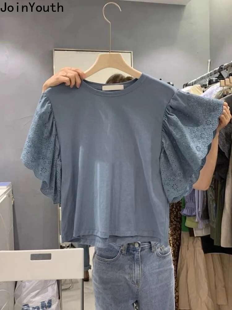 Shirts for Women Fashion Korean T Shirts Patchwork Lace Flying Sleeve Tees 2025 Ropa Mujer Y2k Tops Casual Summer Crop Tshirt