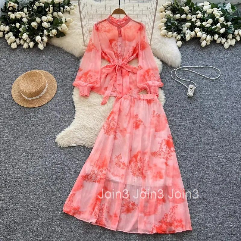 Floral Temperament Suit Summer 2 Piece Sets Women Clothing Lantern Sleeve Bandage Shirt High Waist Loose Pleated Skirts Outfits