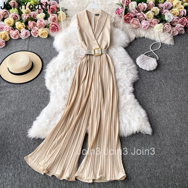 Korean Fashion Jumpsuit Women Clothes Temperament Solid Color Playsuit Slim Waist Pleated Flare Pants Bodysuit Summer Jump Suit