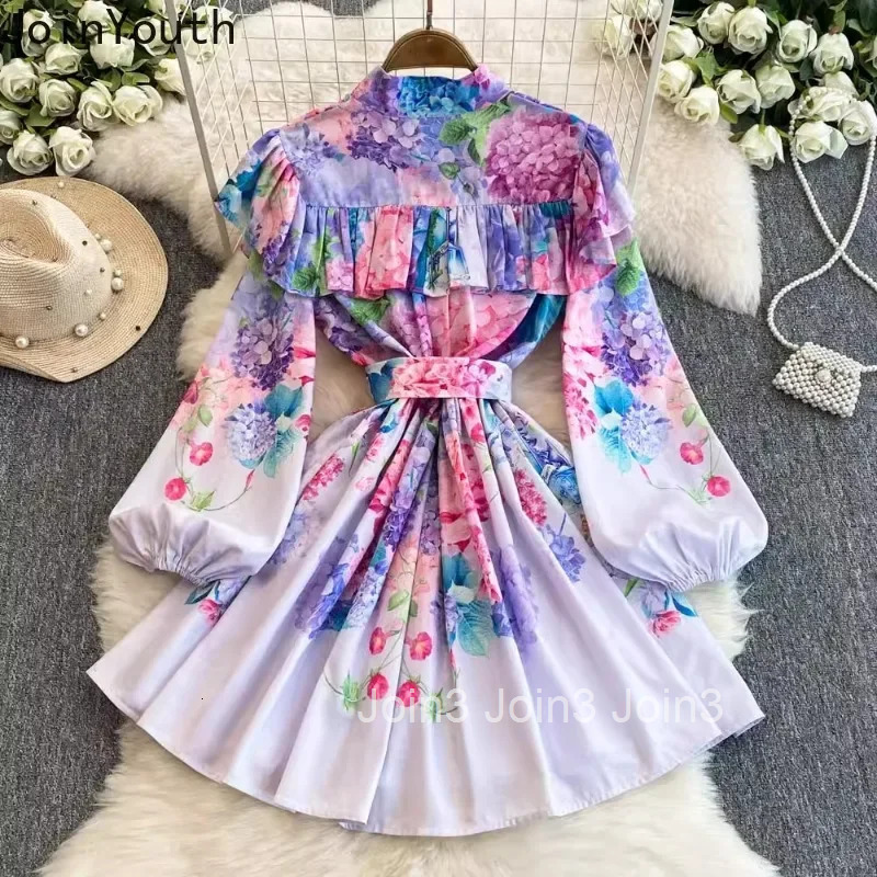Temperament Woman Dress Floral Summer Robe Femme Stand Neck Lantern Sleeve Ruffles A-line Mini Dresses 2025 Vestidos De Mujer