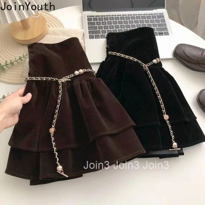 Mini Skirts Women Korean Jupe 2025 Faldas Mujer De Moda High Waist A-line Saia Ruffles Vintage Velvet Thicked Skirt with Belt