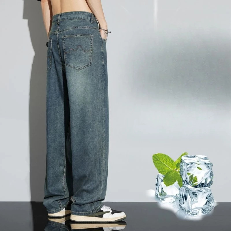 Loose Fit Mens Jeans Ice Silk Fabric Comfortable Breathable Durable Stretch Pants jeans wide Baggy jeans Denim Pants 250617