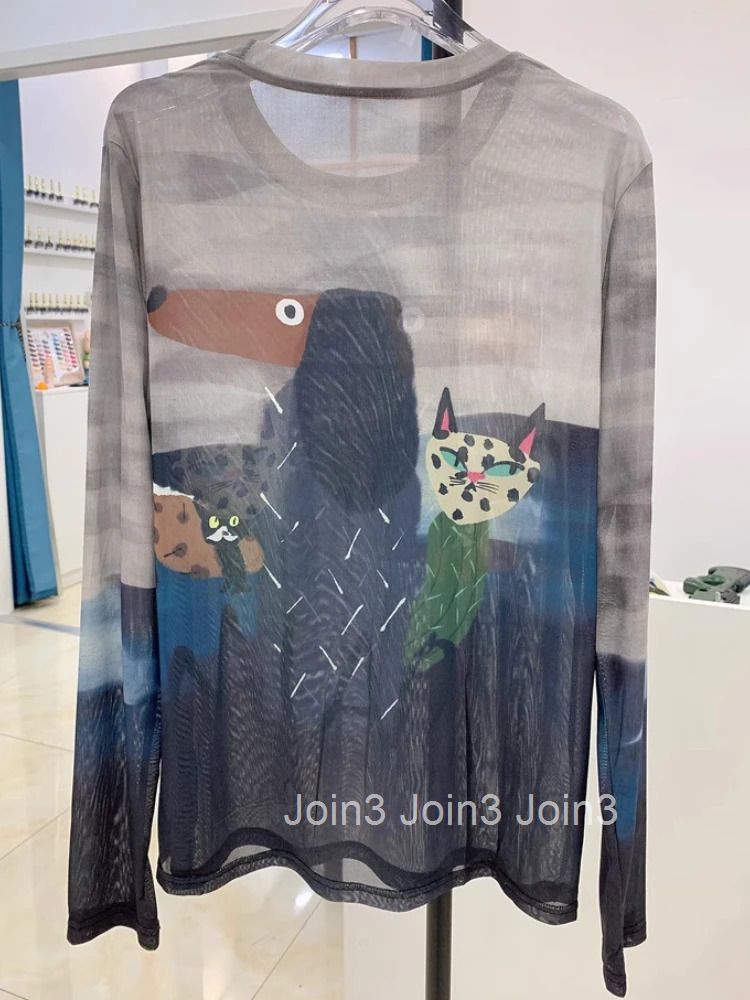 O-neck Tie-dye Tshirts Womens Clothes Long Sleeve Tunic Gauze Camisetas Fashion Tees Y2k Tops Print See Through Summer Tshirt