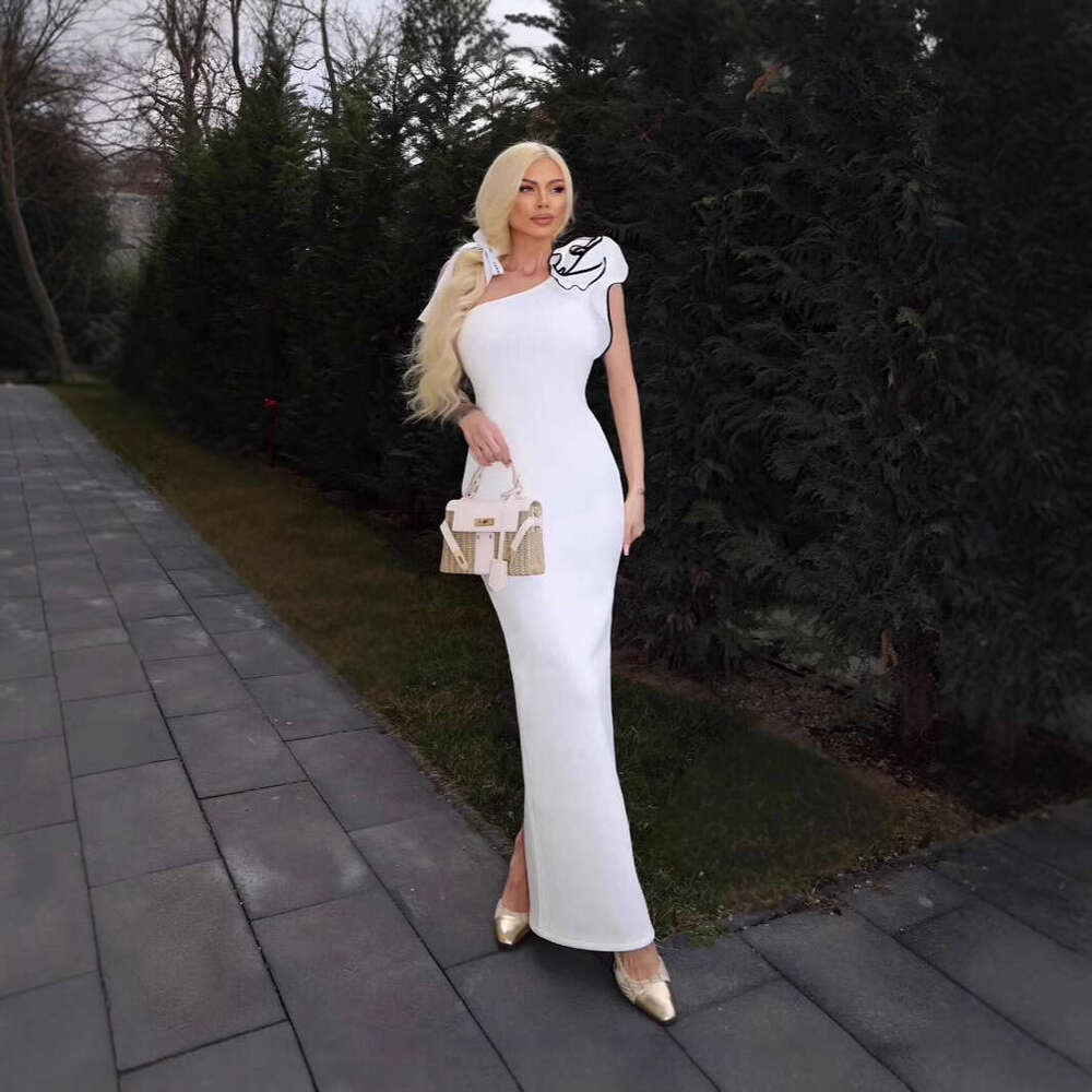 White Skirt Maxi Skirt New White Single Shoulder Floral Ribbed Knit Women S Long Dress Bandage Spring Summer Long Skirt