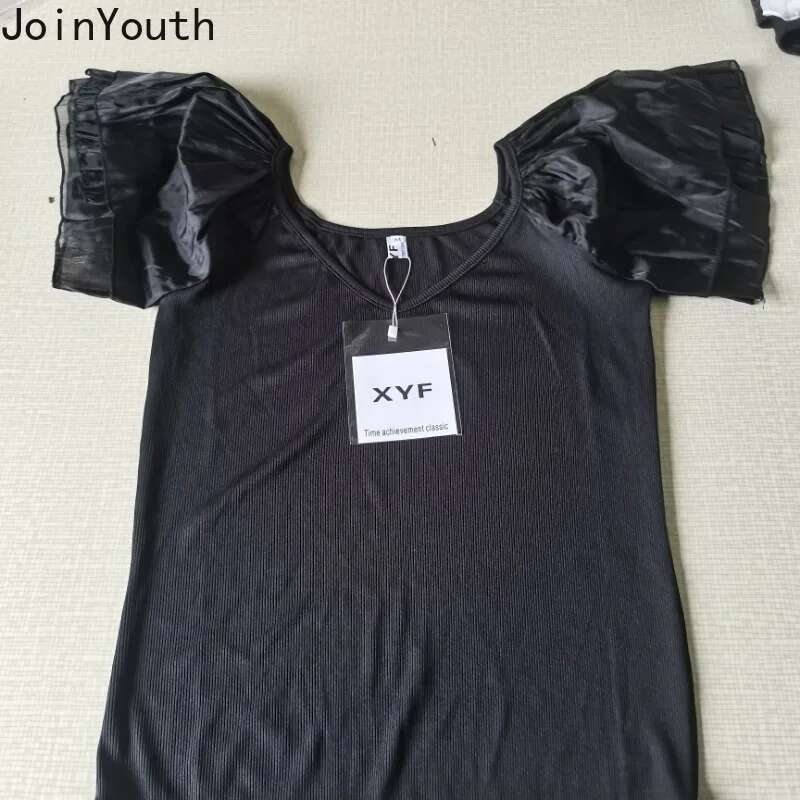 Summer Woman T Shirts V-neck Puff Sleeve Tuic White Tees Crop Tops 2025 Ropa Mujer Fashion Korean Knit Thin Temperament Tshirts