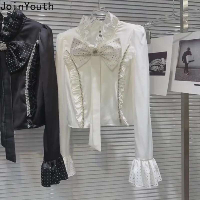 Crop Tops Fashion Diamond Blouses Womens Clothes Long Sleeve Ruffles Tunic Shirts 2025 Blusas Mujer De Moda Bow Ruffles Blouse