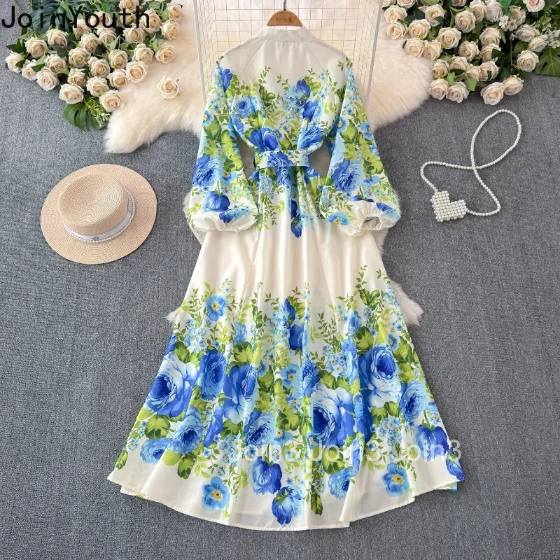 Korean Women Dress 2025 Vestidos De Mujer Slim Waist Stand Neck Temperament Robe Femme Floral Vintage Summer Maxi Dresses 27w038