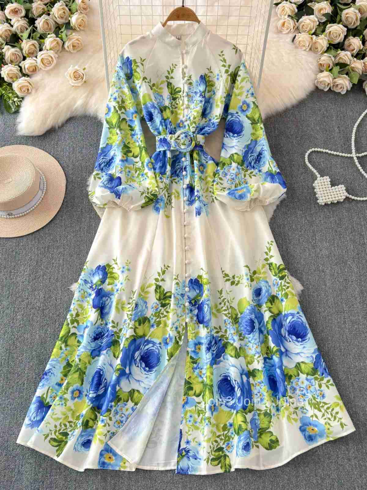 Korean Women Dress 2025 Vestidos De Mujer Slim Waist Stand Neck Temperament Robe Femme Floral Vintage Summer Maxi Dresses 27w038