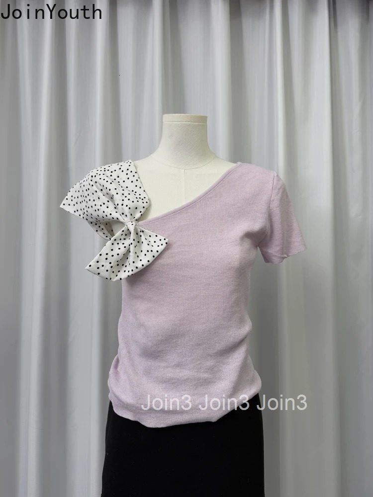 2025 Ropa Mujer Summer T Shirts Polka Dot Bow Skew Collar Tees Womens Clothing Short Sleeve Loose Tees Chic Korean Tshirt Tops