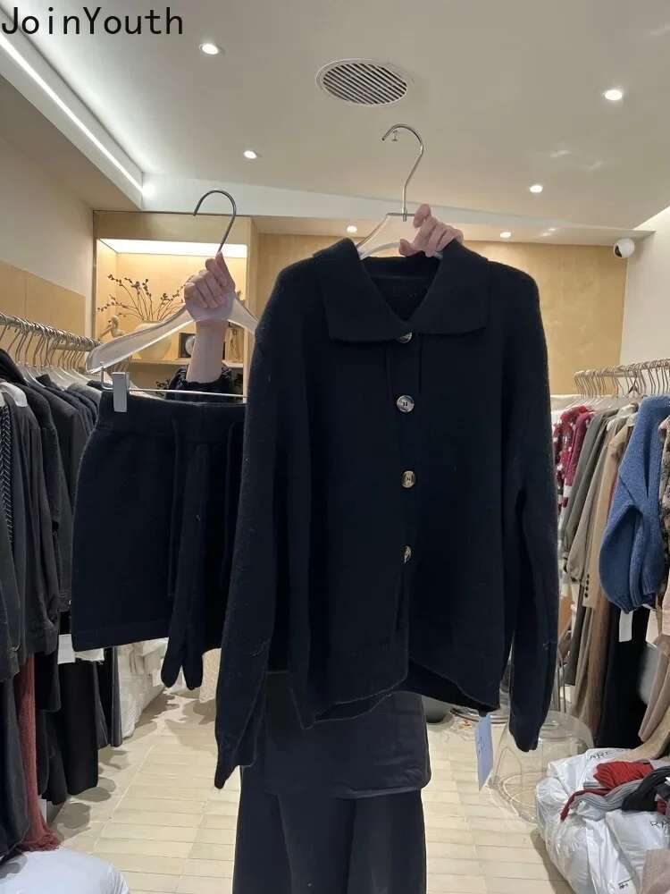 Knitted Suit Fasion Korean 2 Piece Set Womens Clothing Turndown Collar Oversized Cardigan Drawstring Shorts Outfits Causal Sets