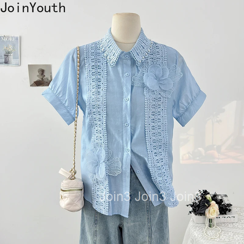 Camisas De Mujer Summer Blouses Women Clothing Beading Floral Short Sleeve Loose Shirts White Tops Patchwork Lace Vintage Blouse