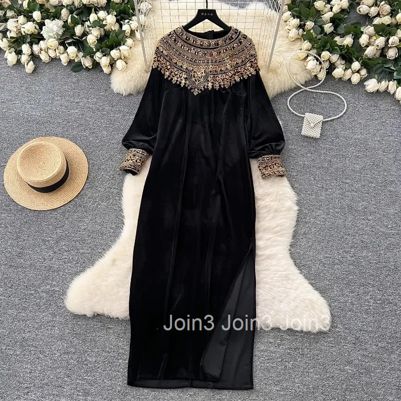 Temperament Robe Femme Vintage Loose Dresses for Women Heavy Sequin O-neck Split Velvet Maxi Dress 2025 Vestidos De Mujer 7p288