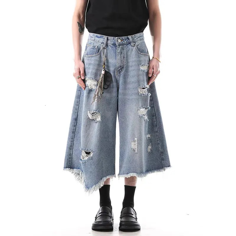 American Vintage Blue Ripped Short Jeans Mens Oversized Distressed Jorts Y2k Grunge Baggy Boyfriend Denim Shorts Wide Streetwea 250618