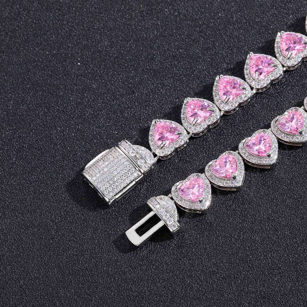 Ins 10mm Heart Micro-Paved Pink Zircon Necklace Personality Sweet Women's Hip-Hop Accessories 318a