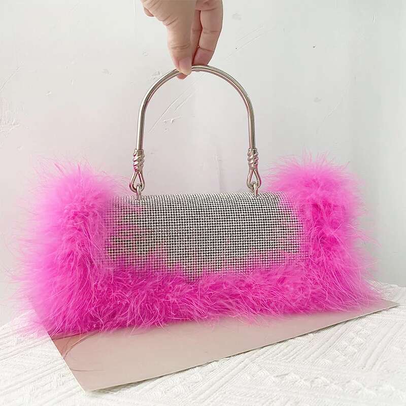 Luxury bag Fashion Ostrich Fuax Fur Feather Tote Bag Ladies Bling Dinner Party Wedding Handbag