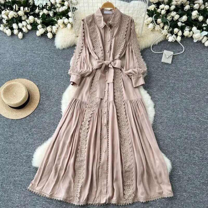 Vintage Robe Femme Turn-down Collar Lantern Sleeve Dress Lace Bandage Bow Slim Fit Big Swing Maxi Dresses Elegant Vestido Femme