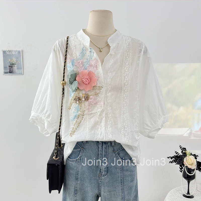 Chic Blouses 2025 Women Clothing Camisas De Mujer 3D Floral Lantern Sleeve Summer Shirts Embroidery Hollow Out White Tops Female