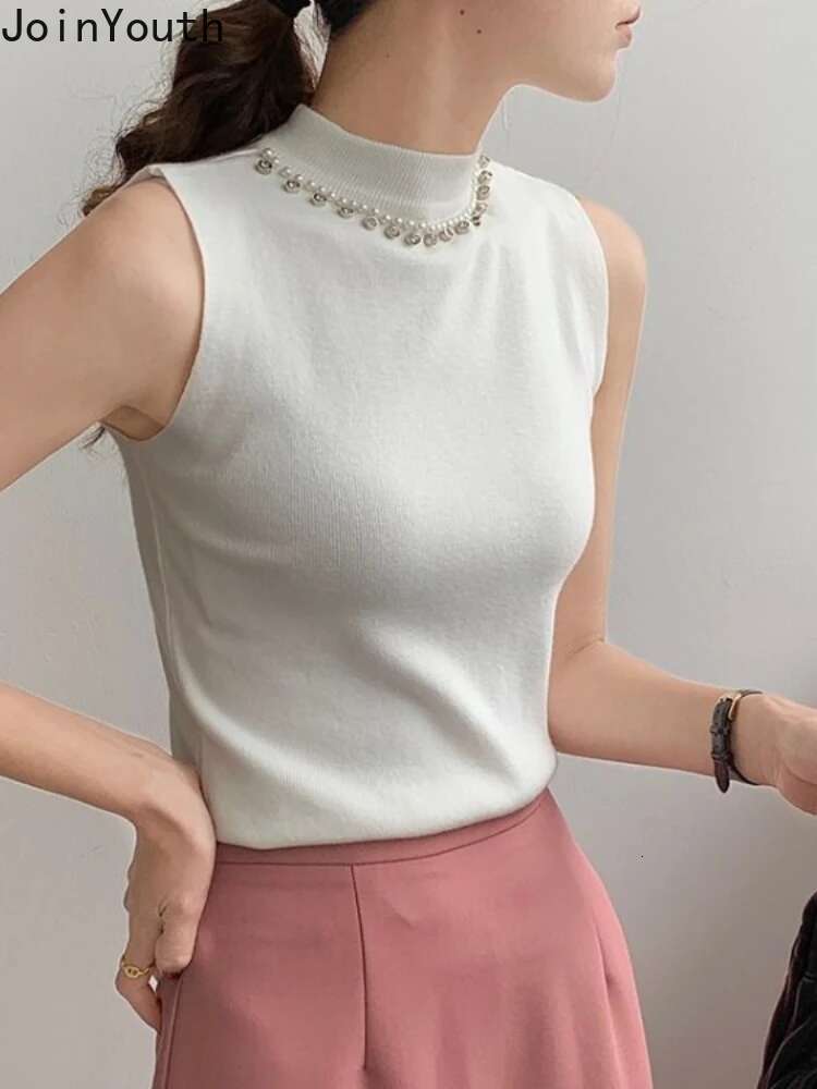 Women Clothing Temperament Vest Beading O-neck Sleeveless Tunic Camis Ropa Mujer Knitting Crop Tops Fashion Korean Tanks 63c215