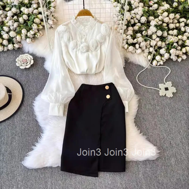 Womens Clothing 2 Piece Sets Womens Outfits 3D Floral Lantern Sleeve Shirt High Waist Bodycon Skirt Outfits Temperament Suit