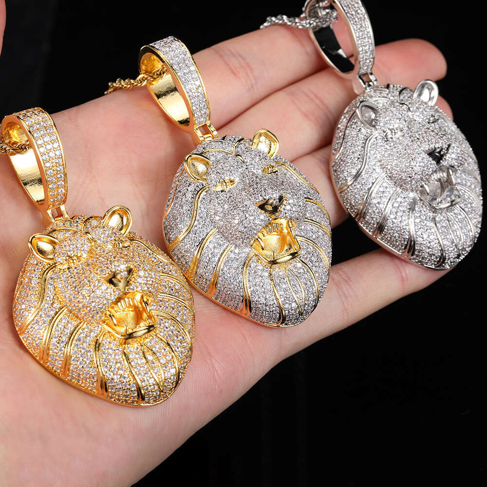 Micro Paved Zircon Solid Lion Head Pendant Real Gold Plated Trendy Hip Hop Men's Necklace Accessory 8aa1