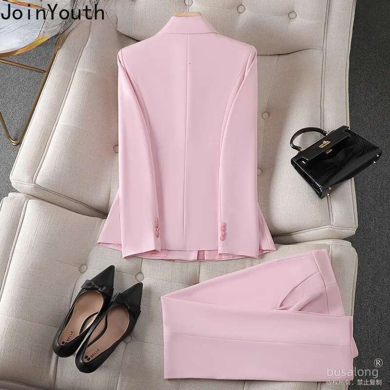 Temperament Korean Suit Fashion Pant Outfits Two Piece Sets Long Sleeve Tunic Coat High Waist Straight Pants Set Roupas Femme