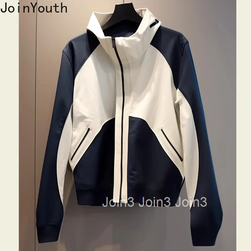 Streetwear Jackets 2025 Women Clothing Stand Neck Long Sleeve Contrast Color Outwear Y2k Tops Casual Fashion Korean Zipper Coats