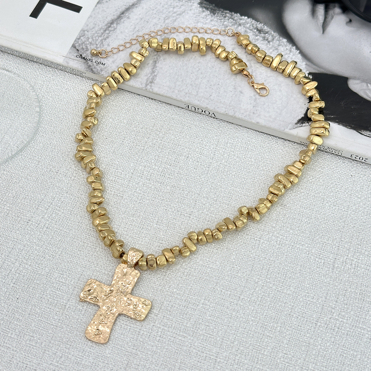 European and American Punk style Cross and Conch Metal Pendant Necklace with Baroque Imitation Pearl Y shaped Beaded Design