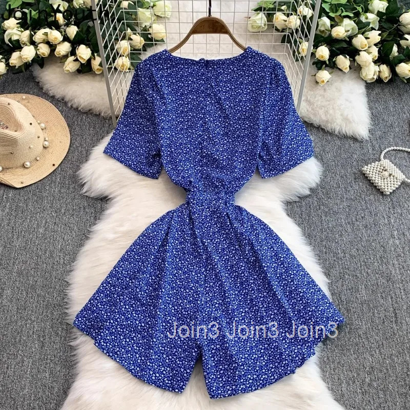 Floral Jumpsuit Womens Clothing Fashion Summer Playsuit Drawstring Slim Waist Temperament Wide Leg Shorts Rompers Ropa Mujer