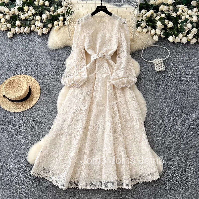 Vintage Maxi Dresses for Women Puff Sleeve Lace Hollow Out Robe Femme 2025 Vestidos De Mujer A-line Temperament Summer Dress