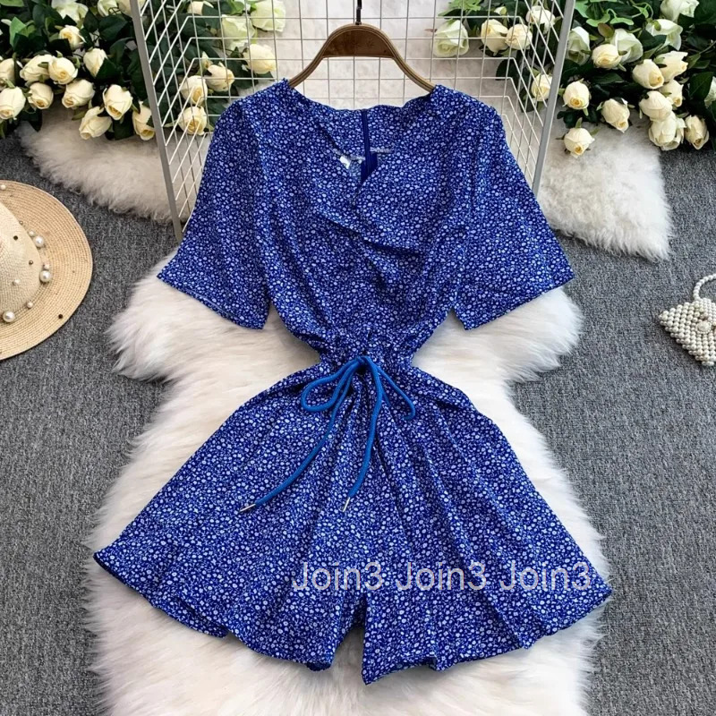 Floral Jumpsuit Womens Clothing Fashion Summer Playsuit Drawstring Slim Waist Temperament Wide Leg Shorts Rompers Ropa Mujer