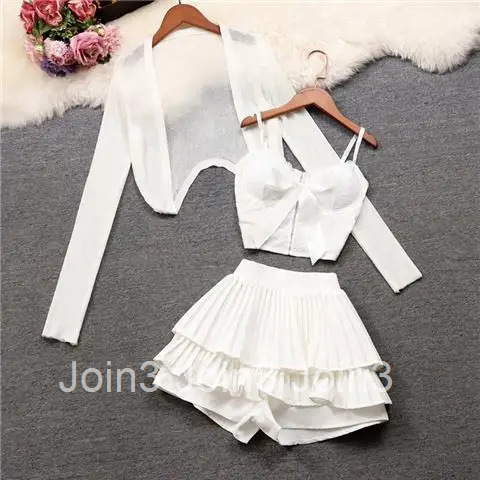 3 Piece Sets Womens Outfits Fashion Summer Skirt Suit Long Sleeve Crop Coat Lace Sexy Vest High Waist Pleated Mini Skirts Set