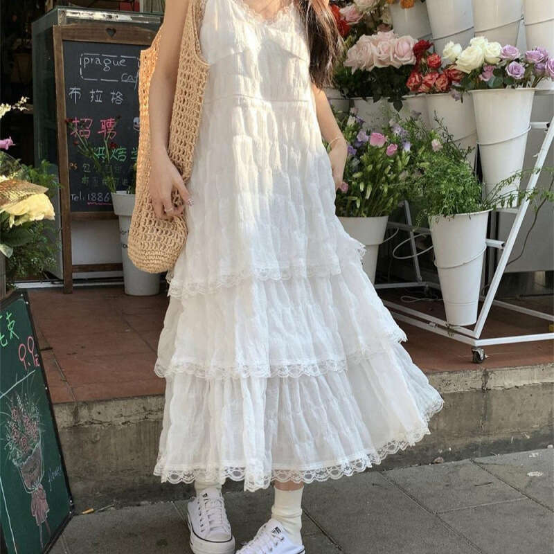 White Skirt Maxi Skirt New French Style White Strap Long Versatile Sweet Youthful Lace Cake Beach Dress Spring Summer Long Skirt