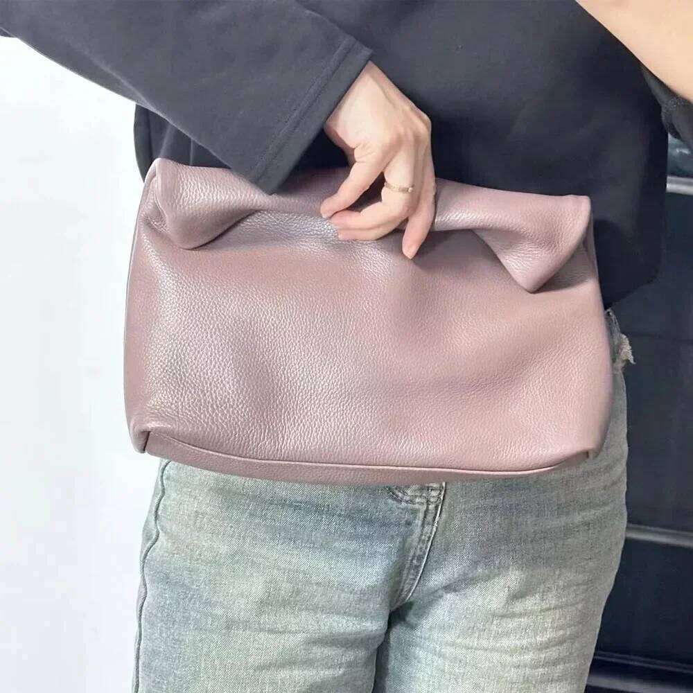 Motingsome Daily Clutch Thick Cowhide Leather Woman Handbag Calfskin Folding Purses Soft Hand Pouch Bag 2023