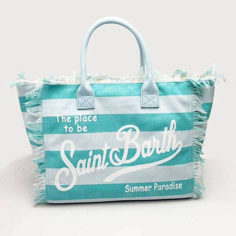 SAINT BARTH European And American New Women's Large Capacity Casual Travel Canvas Striped Handmade Tassel Handbag Tote Bag