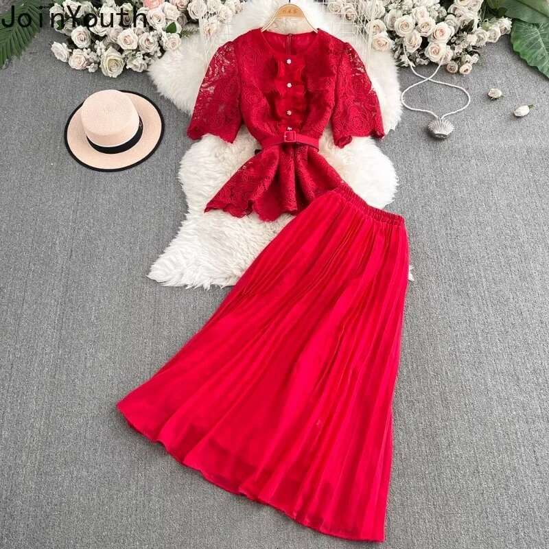Skirt Suit 2 Piece Sets Womens Outfits Roupas Femme Slim Waist Lace Blouse High Waist Pleated Skirts Suit Vintage Summer Set