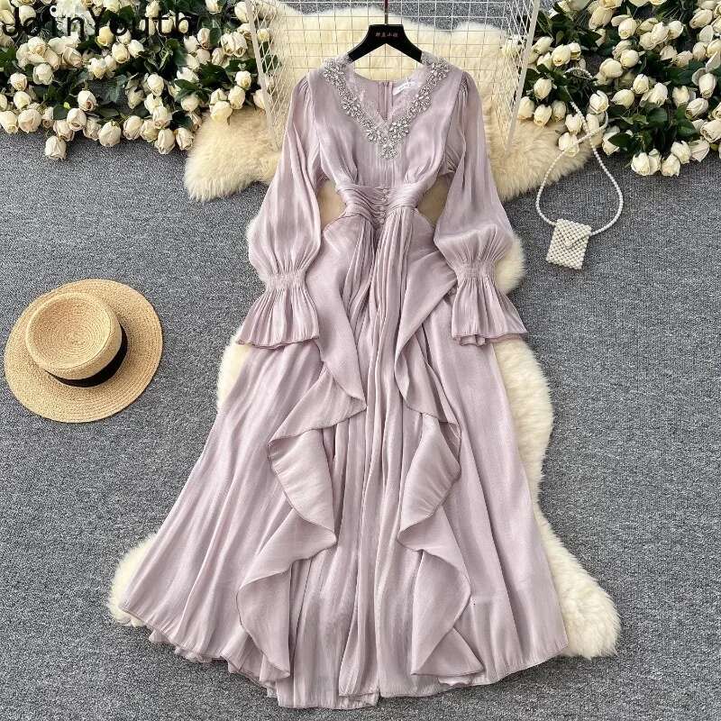 Korean Maxi Dress Women High Waist Vintage Vestidos De Mujer Elegant Heavy Diamonds Dresses V Neck Slim Waist Ruffles Robe Femme