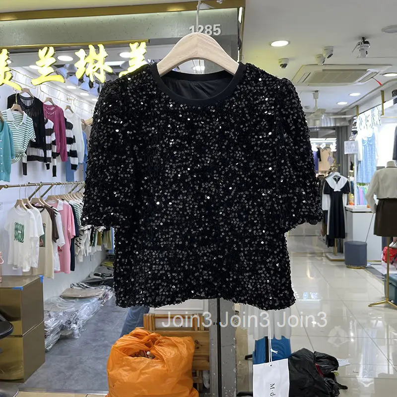 2025 Shirts for Women Korean T-shirts Short Sleeve O-neck Loose Tees Chic Temperament Sequined T Shirts Black Summer Crop Tops