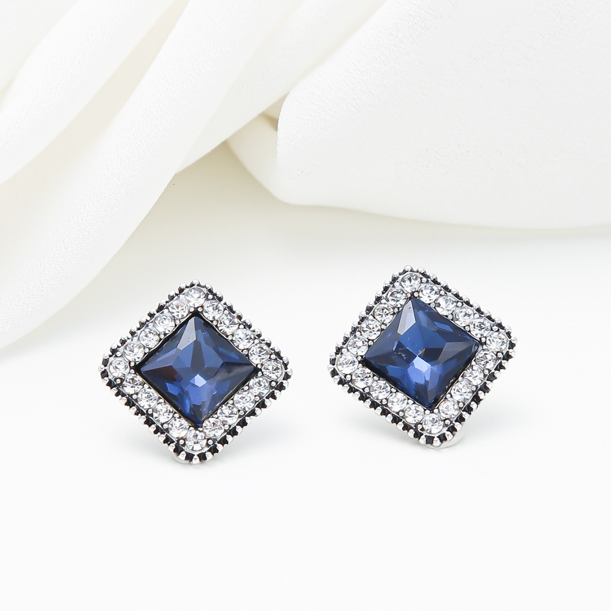 Square Earrings Korean Style Inlaid Blue Zircon Studs Elegant High-End Full Ear Jewelry