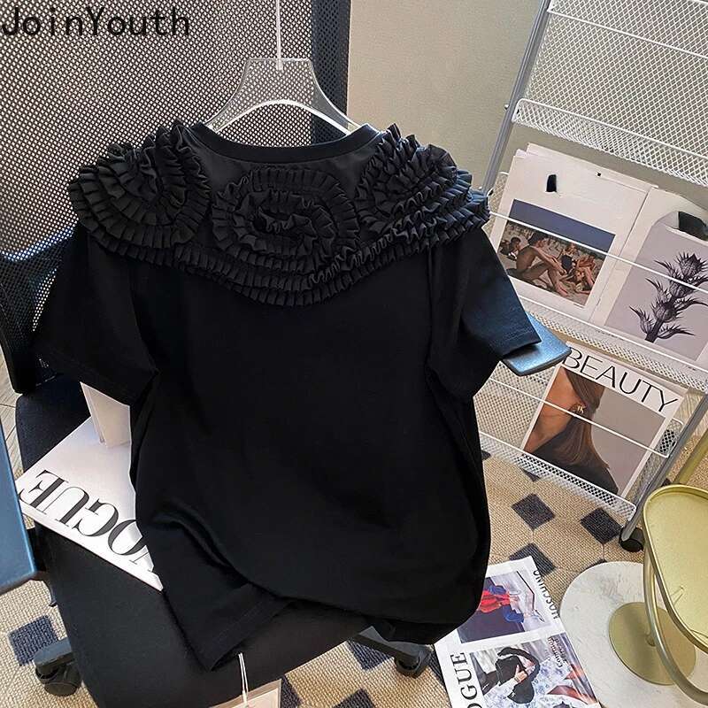 Sweet Woman Tshirts 3D Floral O-neck Short Sleeve White Tees Tops Mujer 2025 Shirts for Women Korean Fashion Y2k T-shirts 7f150