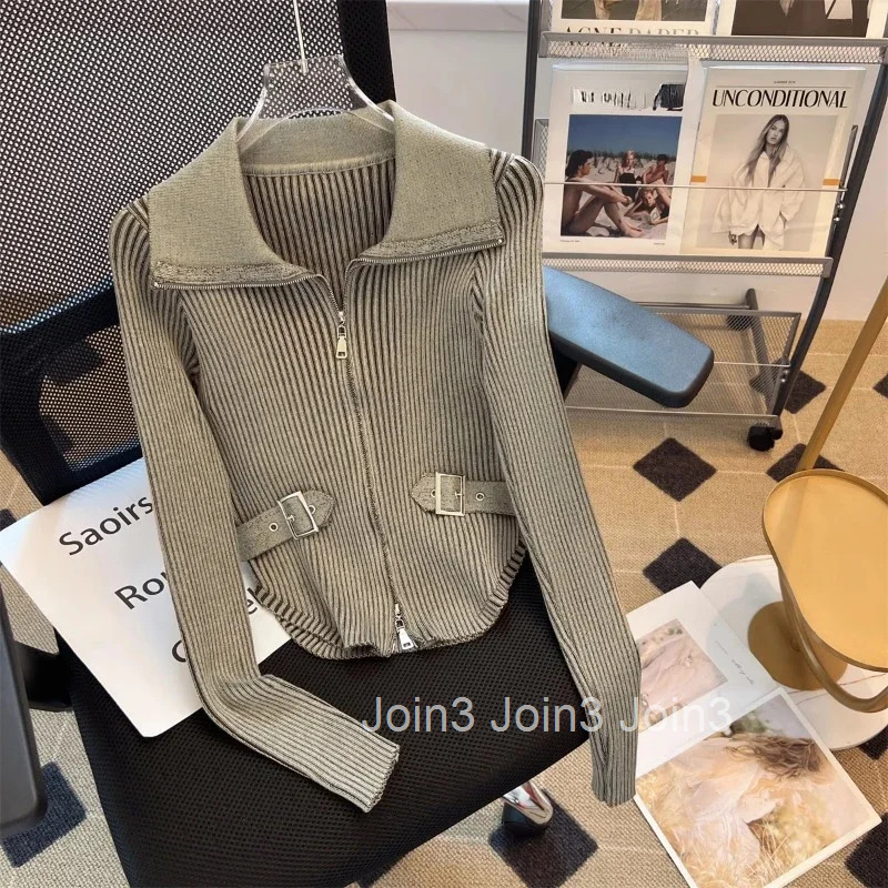 Fashion Cropped Cardigan Jackets Women Y2k Tops Pull Femme Long Sleeve Slim Fit Zipper Sueter Mujer Casual Knitted Sweater Coat