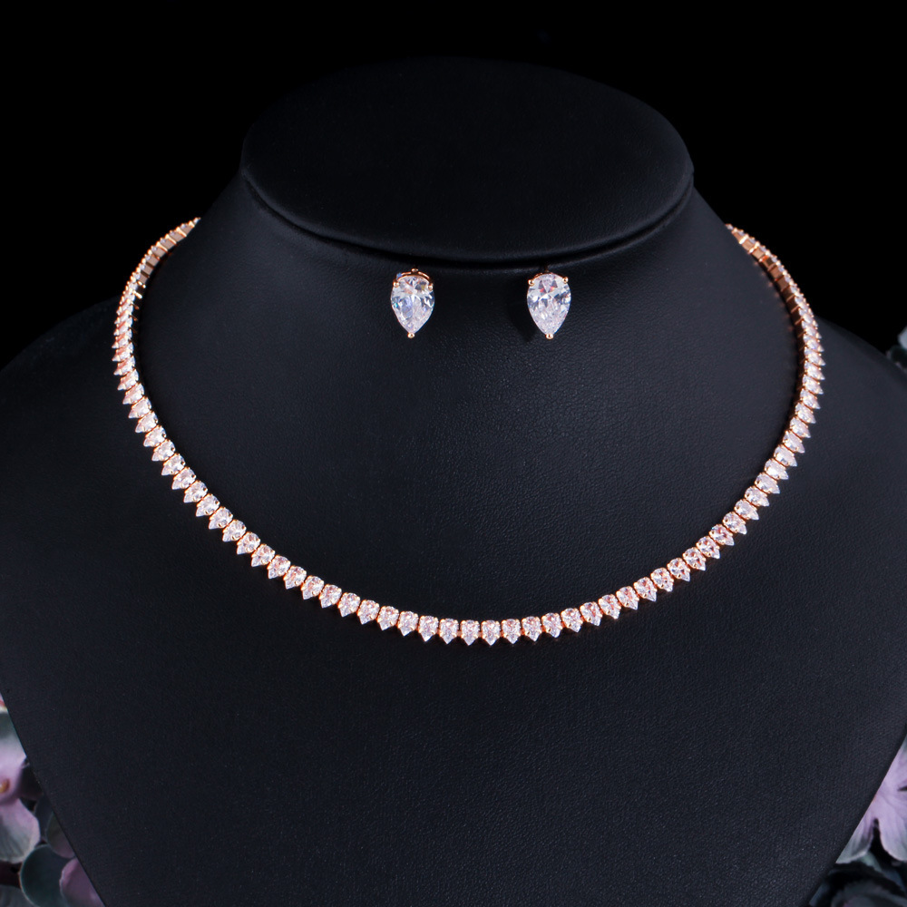 Bridal Jewelry zircon clavicle chain two piece set female wedding dress personalized Necklace Earring Jewelry Chain Set