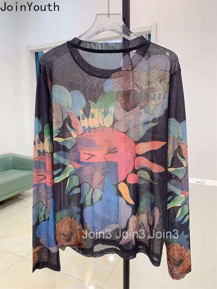 Fashion Woman Tshirts Y2k Tops 2025 Ropa Mujer Sexy Gauze Print Camisetas Long Sleeve See Through T-shirt Casual Summer Tees