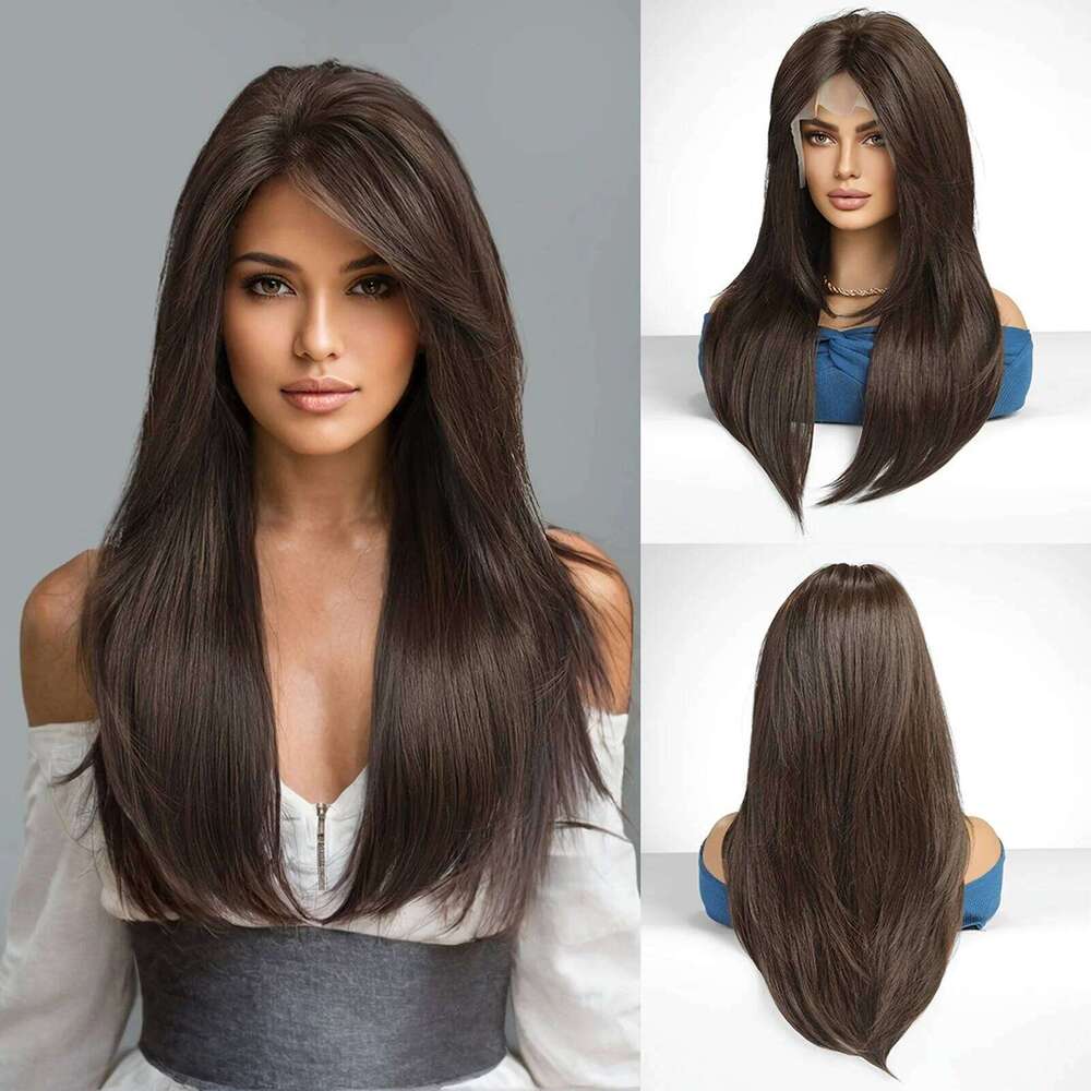 13x6 Lace Front Wig Brown Straight Synthetic Wigs for Black White Women Daily Party Cosplay Heat Resistant Hair