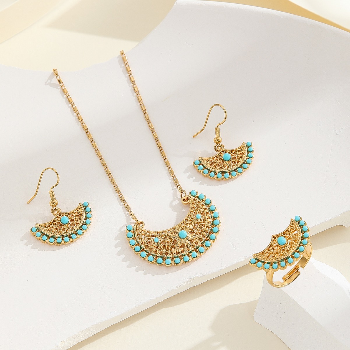 Minimalist American Style Necklace And Earring Set Fashion Fan-Shaped Design Index Finger Ring Earrings